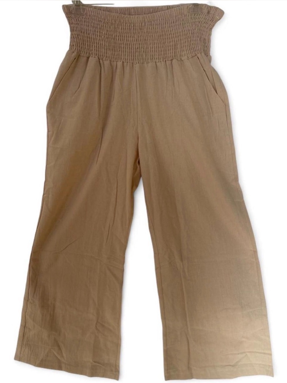 Plus size Linen/Cotton high elastic waist wide leg beige pants W/pockets 18/20
